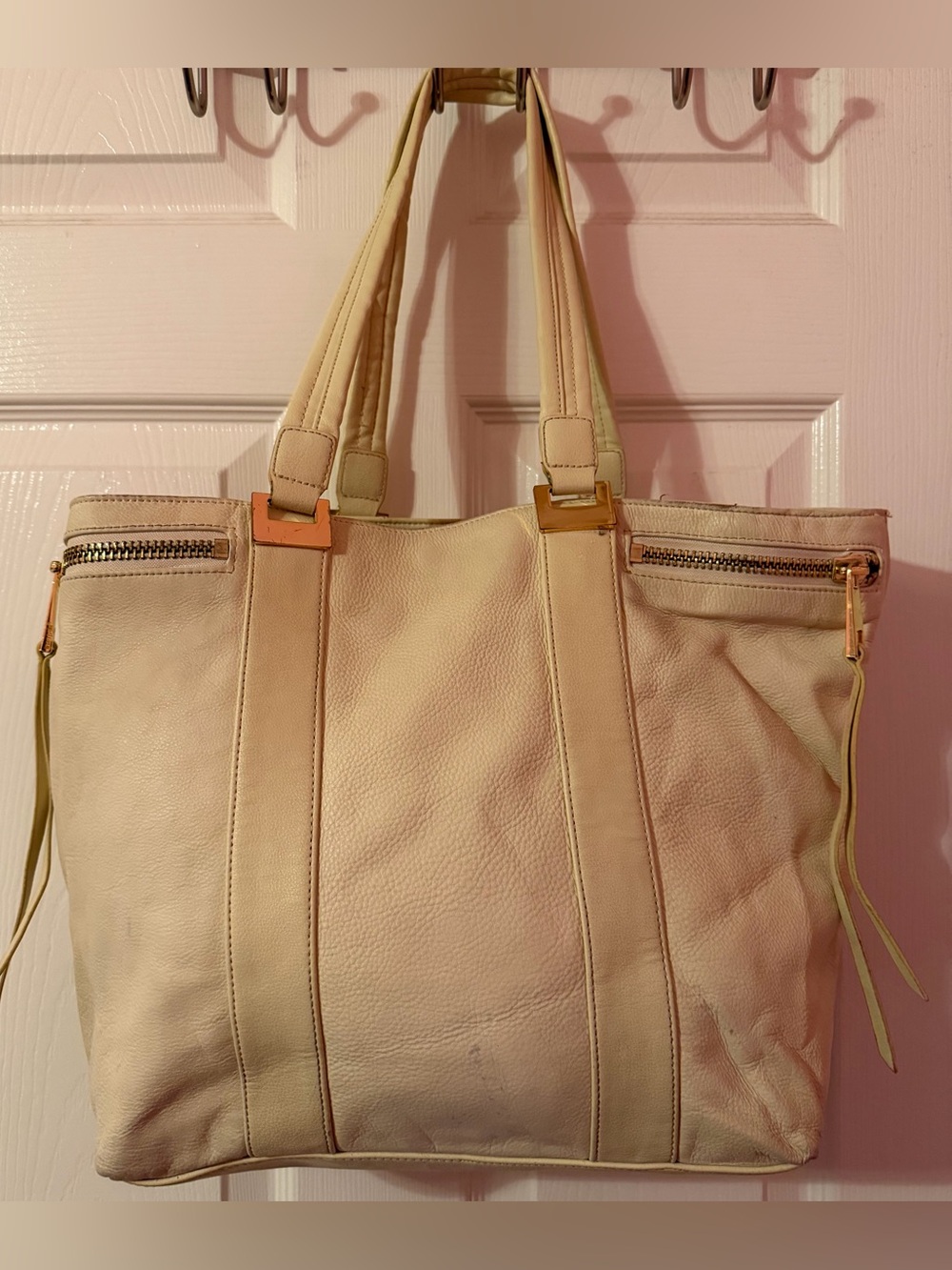 Linea Pelle Leather Cream Tote with Gold Hardware